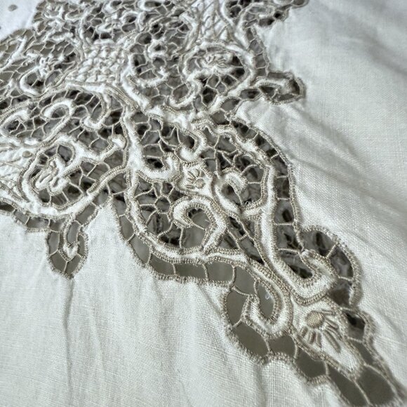 Battenburg Lace Tablecloth and 8 Napkins Linen Off White Beige Trim Vintage - Picture 2 of 16